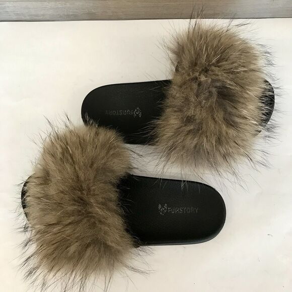 Fur Story Natural Brown Fox Fur & Black Slide Sandals Slippers EU 43.5 US 11 - Picture 12 of 12